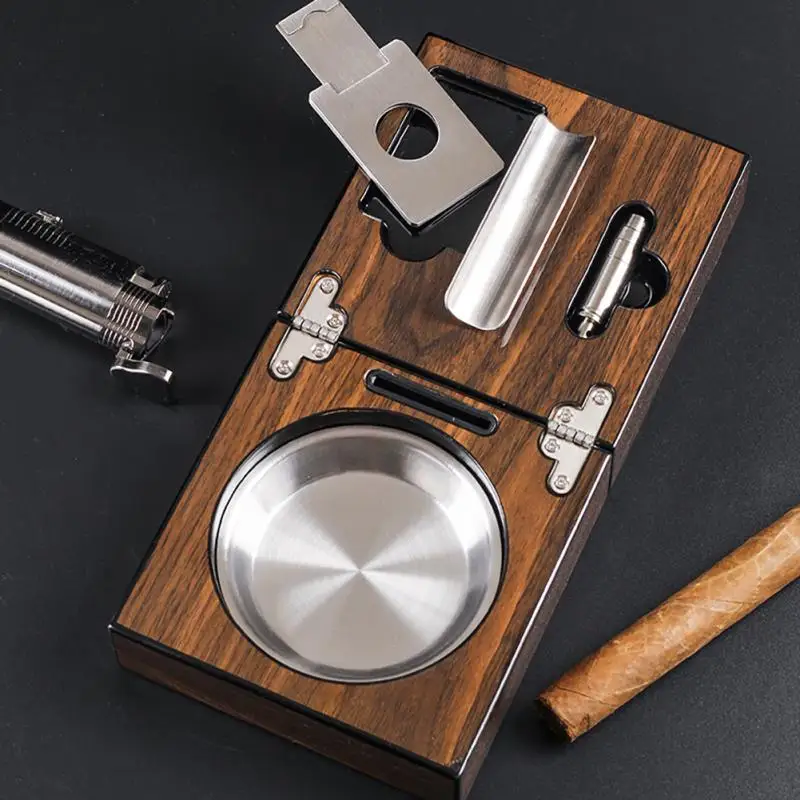 

Multifunctional Cigar Ashtray Foldable Walnut Wood Box Include Cigar Cutter Holder And Hole Opener Smoking Accessories