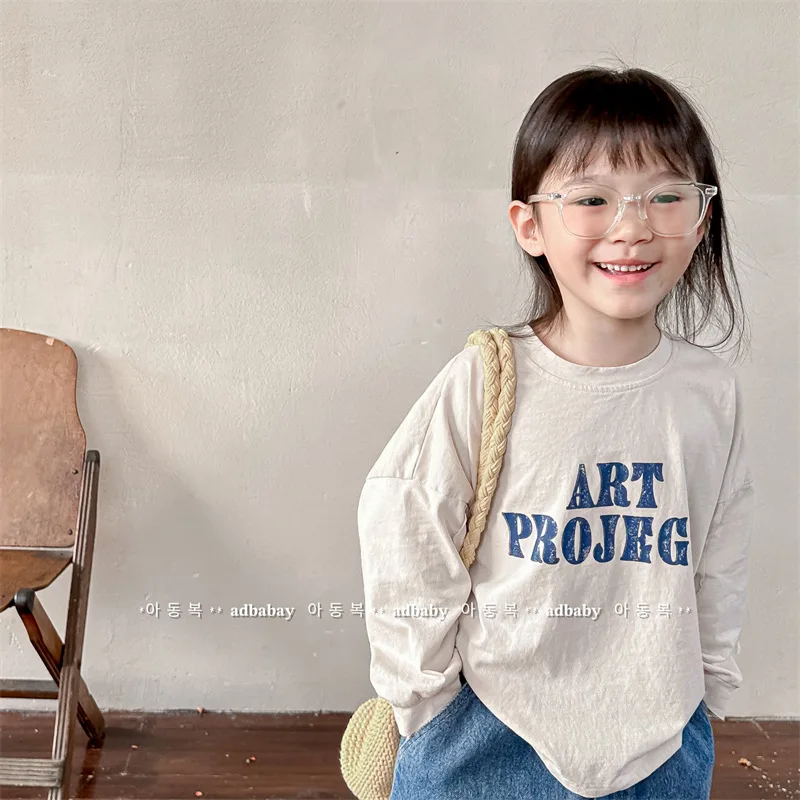 

2023 Spring New Children Long Sleeve T Shirts Fashion Letter Print Girls Tee Cotton Baby Casual Tops Loose Boys Bottoming Shirt