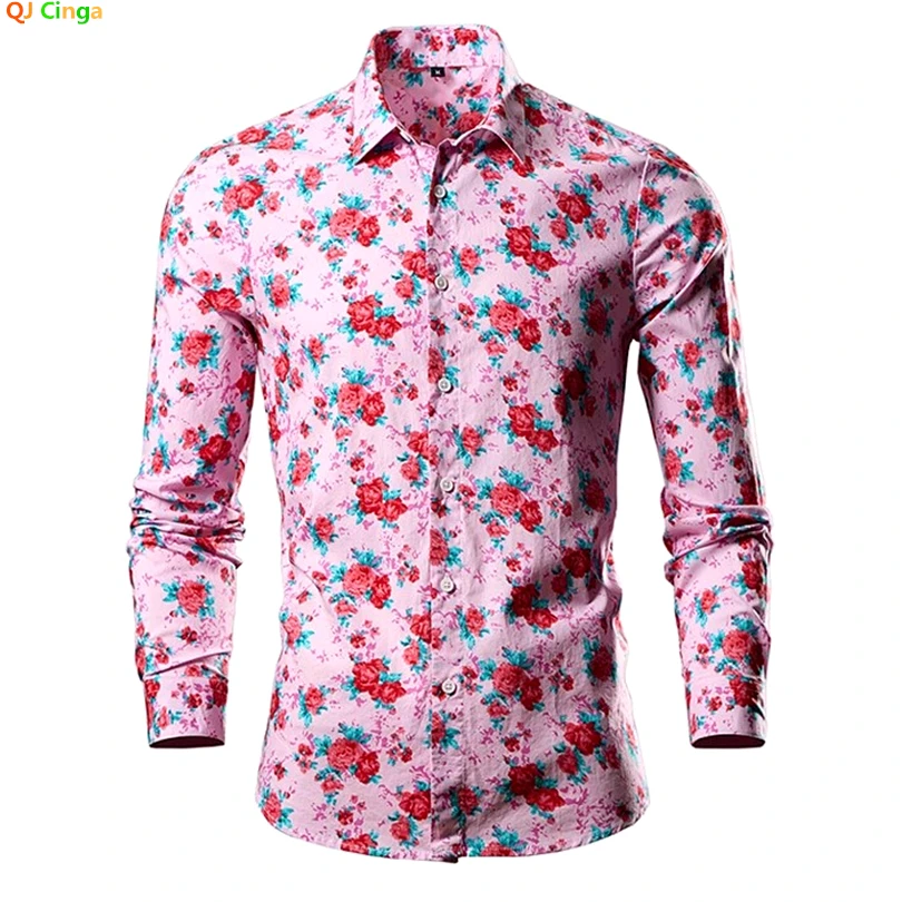 

Fuchsia Men's Long Sleeve Cotton Shirt Single Row Button Lapel Printed Shirts Large Size M-6XL Suitable for All Season