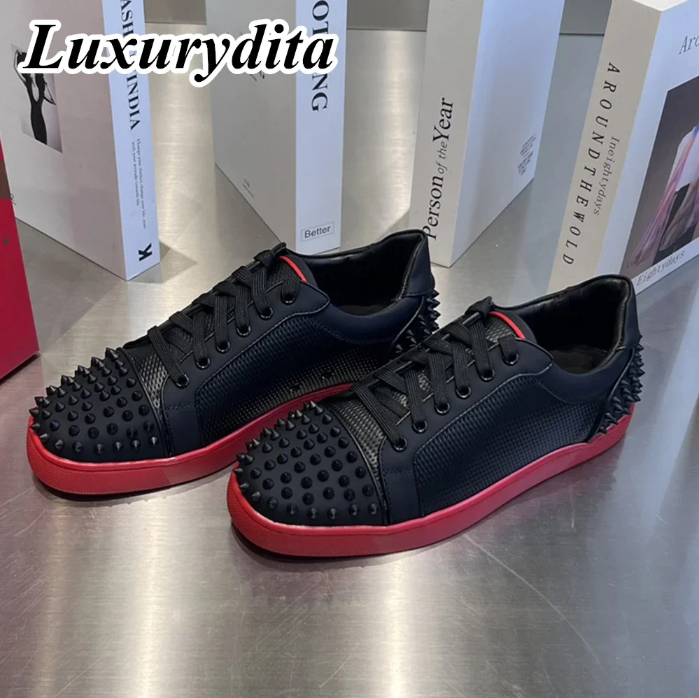 

LUXURYDITA Designer Men Casual Sneakers Real Leather Red sole Luxury Womens Tennis Shoes 35-47 Fashion Unisex loafers HJ36