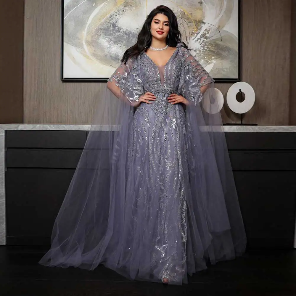 

Gorgeous V-neck Prom Gown With Shawl Lace Applique Tulle Sheath Saudi Arabian Women's Formal Occasion Backless Evening Dress