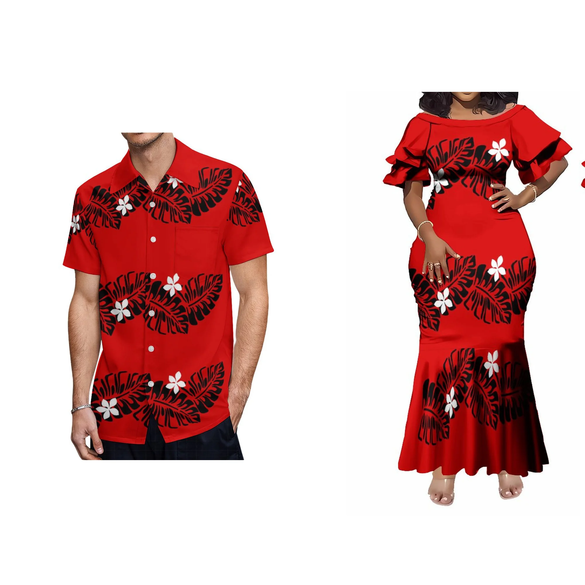 

New Design Custom Polynesian Tribal Double Layered Ruffle Sleeve Mermaid Dress Plus Size Elegant Women Fishtail Evening Dresses