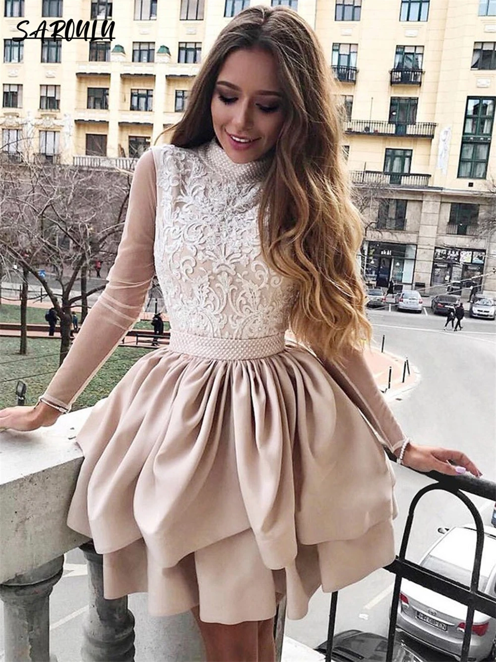 

Bohemian Lace Long Sleeve Homecoming Dress Romantic Above Knee Appliques Cocktail Party Gown Pastrol Vestidos De Novia