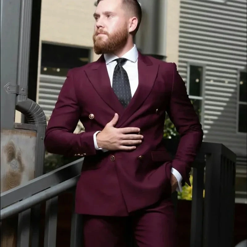 

Double Breasted Peak Lapel Burgundy Men's Suits 2 Piece Jacket Pants Wedding Outfits Set Terno Skinny Male Clothing Full Set