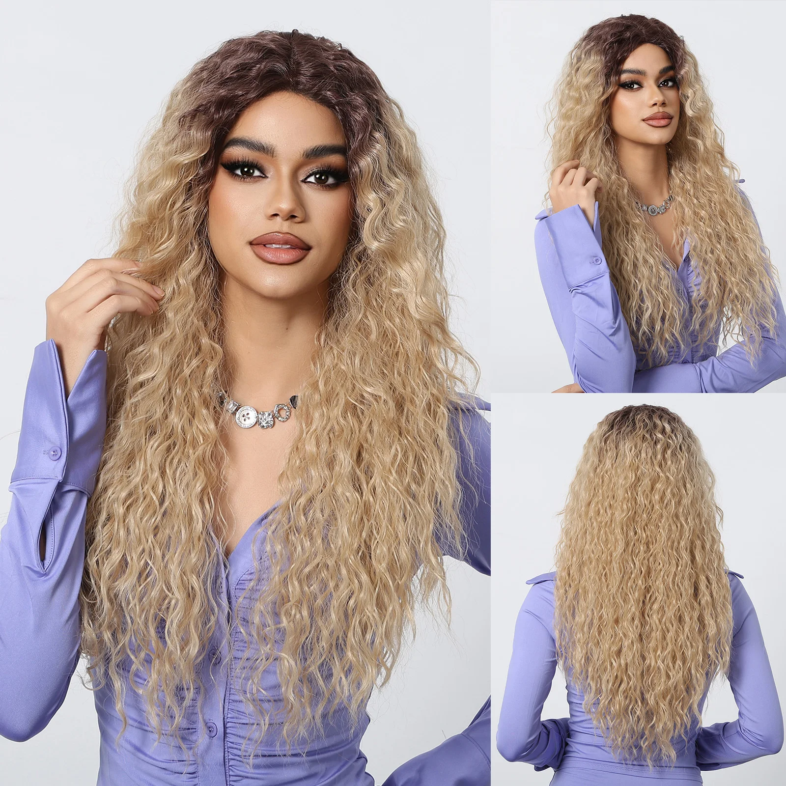 

Long Wavy Curly Lace Front Wig Light Blonde Ombre Brown T Part Lace Synthetic Wigs Cosplay Party Use Natural Hair High Density