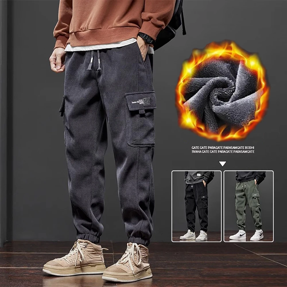 Новые Зимние флисовые теплые вельветовые брюки, мужские толстые мешковатые уличные брюки-джоггеры, мужские брюки свободного кроя на шнуровке, повседневные брюки