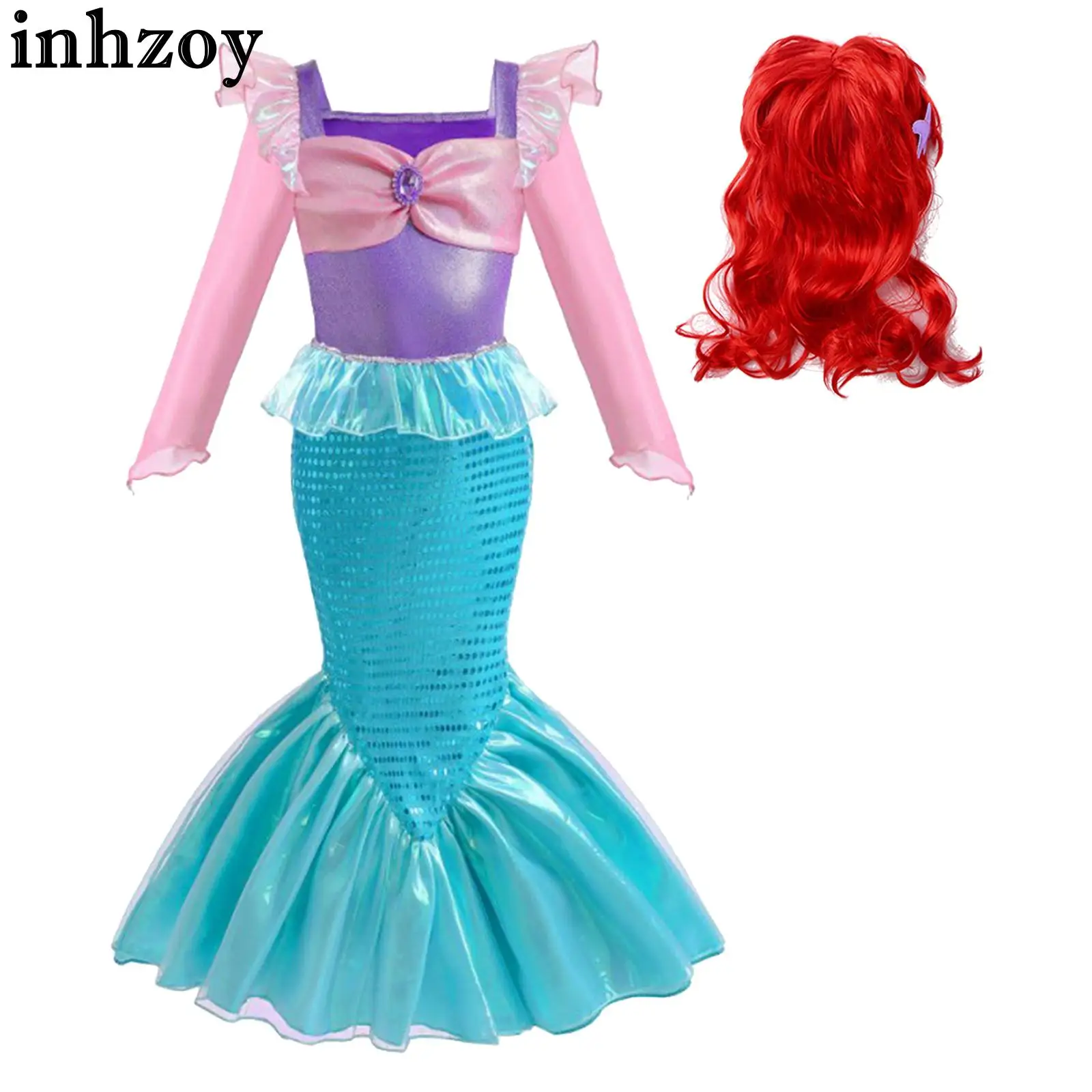 

Kids Girls Halloween Party Mermaid Cosplay Costume Long Short Sleeve Flutter Shoulder Glitter Fishtail Dress with Starfish Wig