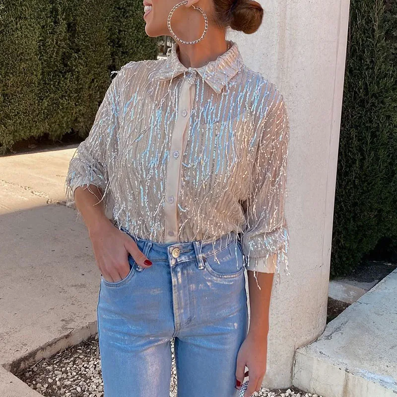 2024 Spring Turn-down Collar Button Blouse Women Elegant Shiny Sequins Tassel Shirts Autumn Long Sleeve Office Lady Top Harajuku
2024 Spring Turn-down Collar Button Blouse Women Elegant Shiny Sequins Tassel Shirts Autumn Long Sleeve Office Lady Top Harajuku