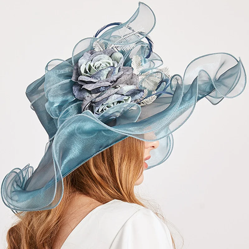 

Women Kenducky Derby Wide Brim Fedora Cap Beach Travel Organza Sun Hat With Beautiful Flower Or For Fascinator Headwear Wedding