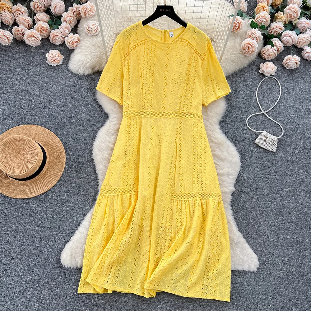 

Croysier Dresses For Women Beach Holiday Bohemian Cutwork Embroidery Dress Short Sleeve Round Neck Casual Summer Midi Dresses