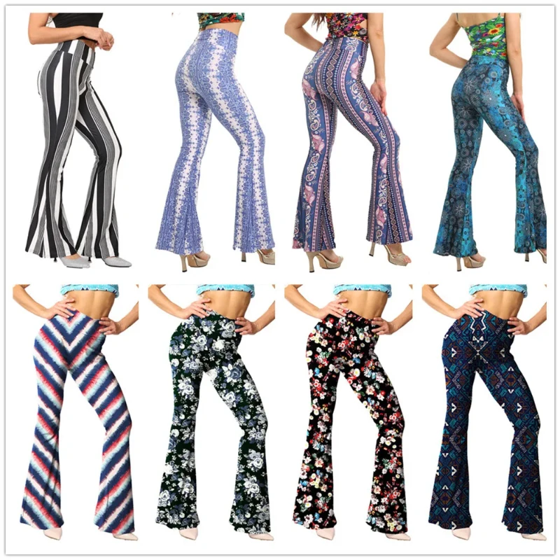 

Women's Baggy Flared Pants Boho Style Floral Hippie Wide Leg Gypsy Palazzo Casual Trousers Vintage Printed Bell-bottomed