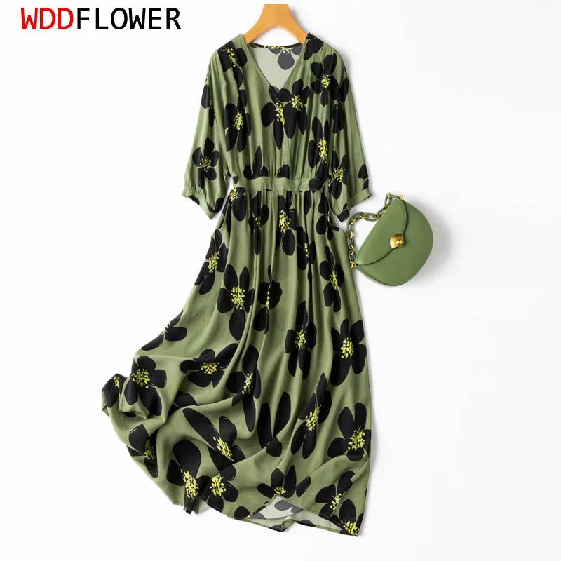 

Women Midi Dress 100% Mulberry Crepe Silk V neck Lantern sleeve belted waist Army Green Flower Printed Long Dress MM410