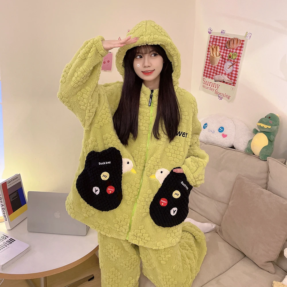 Women's Pajama Set Thick Warm Flannel Cute Cartoon Hooded Pajamas Sets Women Winter Long Sleeve Coral Velvet Sleepwear Pijama
Women's Pajama Set Thick Warm Flannel Cute Cartoon Hooded Pajamas Sets Women Winter Long Sleeve Coral Velvet Sleepwear Pijama