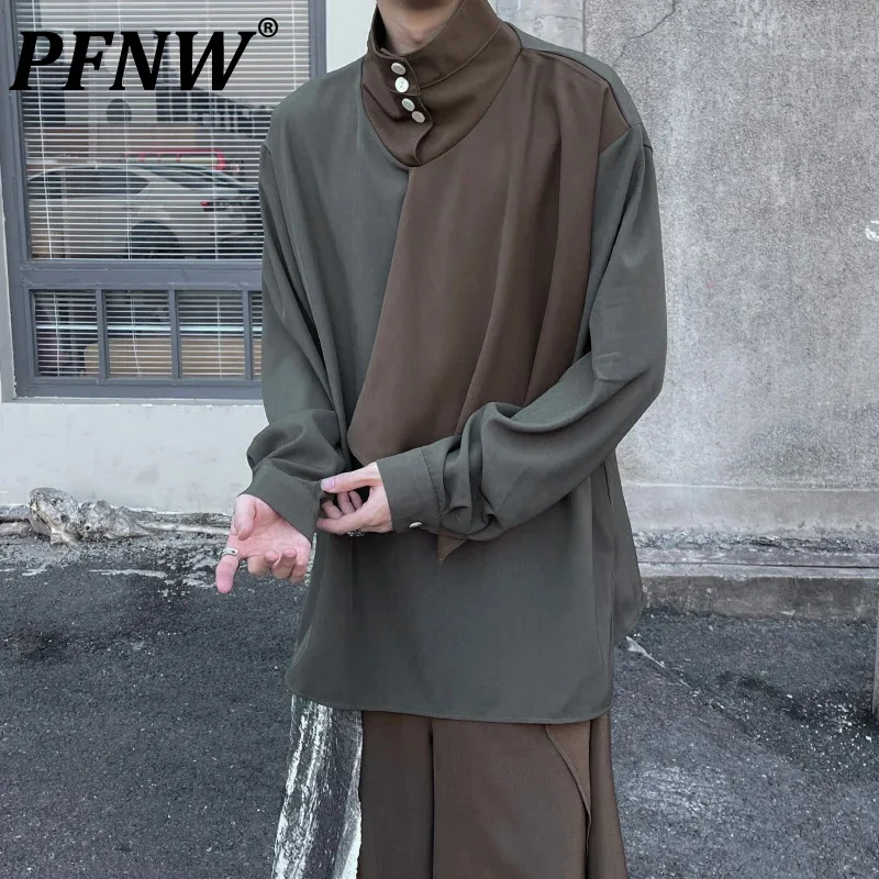 

PFNW Men's Tide Spring Autumn New French Niche Design Sense Spliced Stand Collar Shirt Half High Collar Large Size Top 12Z6399