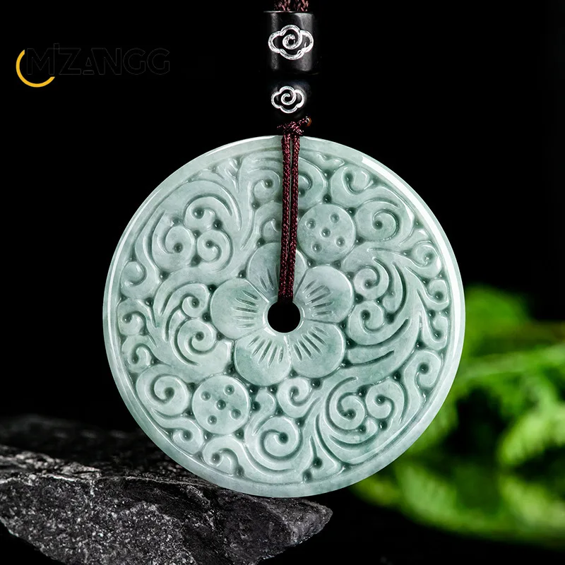 

Natural A-goods Jadeite Blue Water Retro Carved Peace Buckle Jade Pendant Fashion Exquisite Men and Women Lucky Amulet Necklace