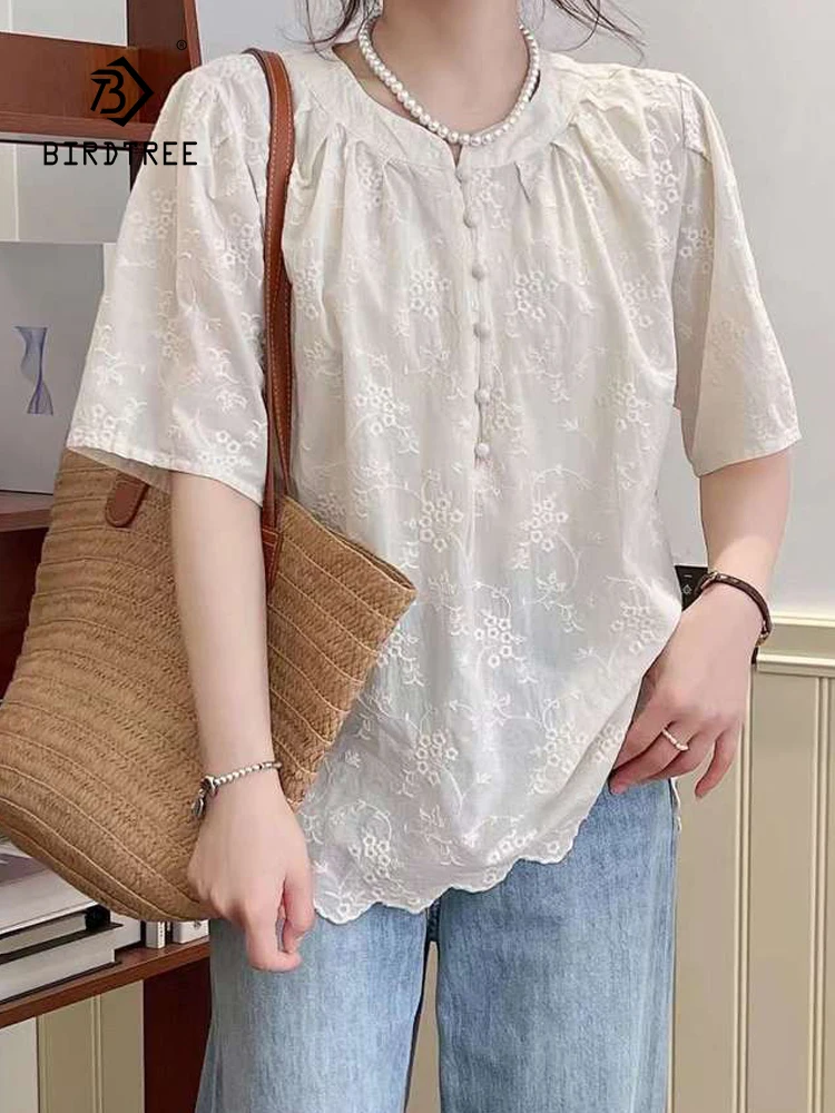 

New Spring Cotton Embroidery Shirt Women O Neck Short Sleeve Literature Tops Girl Loose OL Commute Blouses 2024 Autumn T448151QC