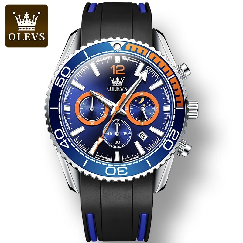 

OLEVS 9916 Quartz Sport Watch Gift Silicone Watchband Round-dial Moon Phase Chronograph Calendar Luminous Small second