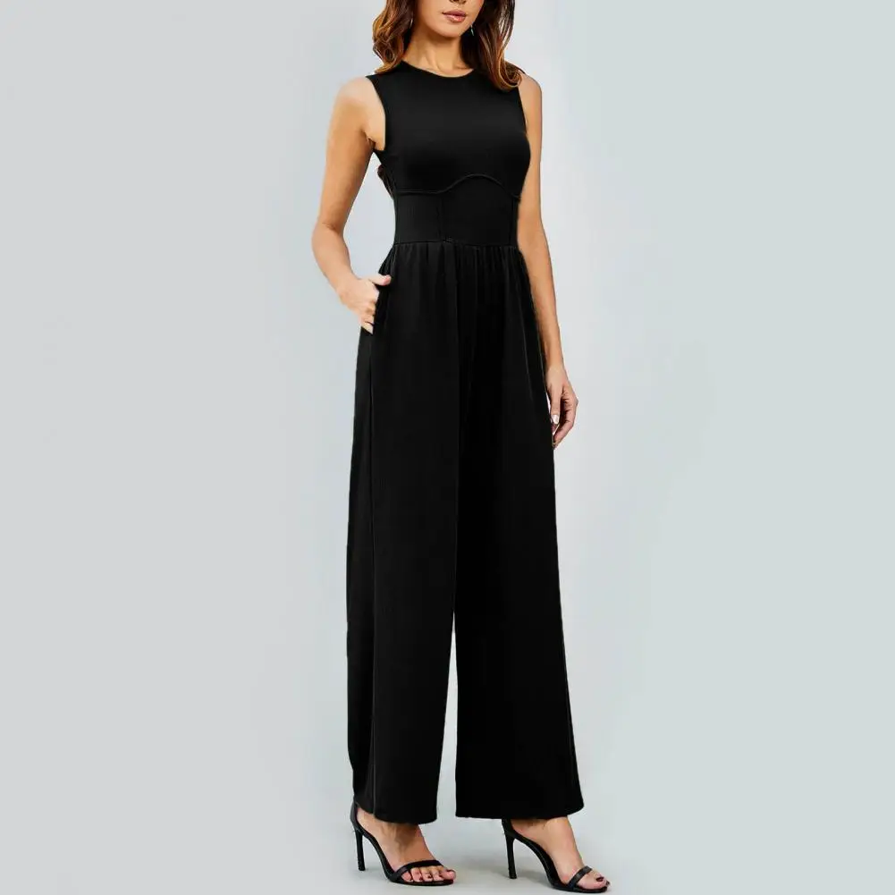Women Summer Jumpsuit Wide Leg Straight Sleeveless Round Neck Back Zipper Closure Pleated Tight High Waist Pure Color Ankle Leng
Women Summer Jumpsuit Wide Leg Straight Sleeveless Round Neck Back Zipper Closure Pleated Tight High Waist Pure Color Ankle Leng