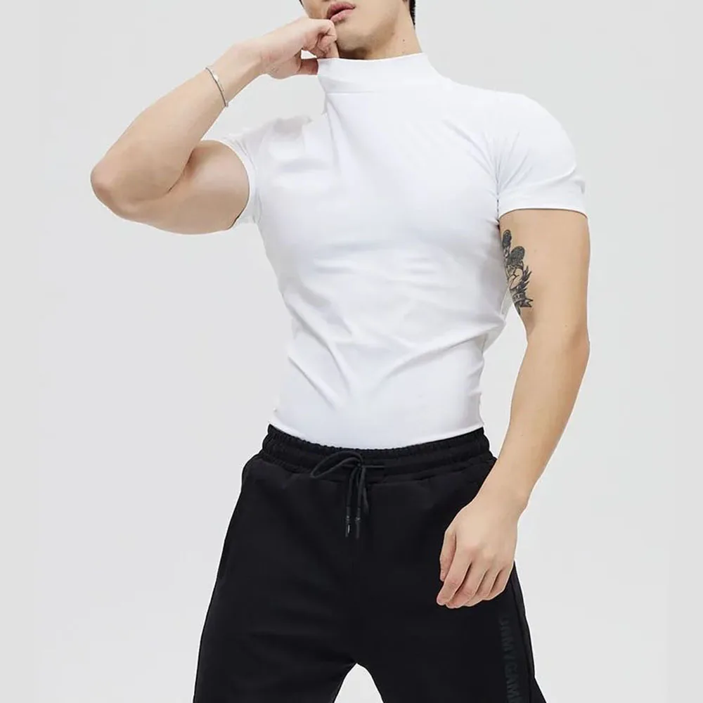 

Mens Casual Slim Elastic T-Shirt Genderless 2024 New Fashion Youth Fitness Sports Solid Color Simple High Neck T-Shirt Unisex