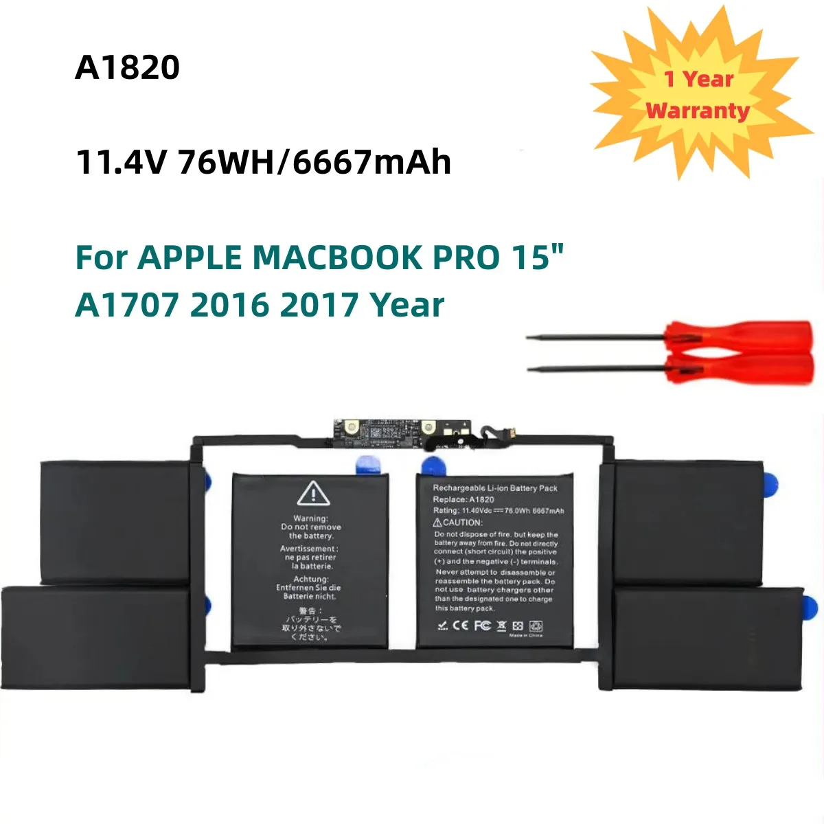 

New A1820 Laptop Battery For APPLE MACBOOK PRO 15" A1707 2016 2017 Year 11.4V 76WH/6667mAh