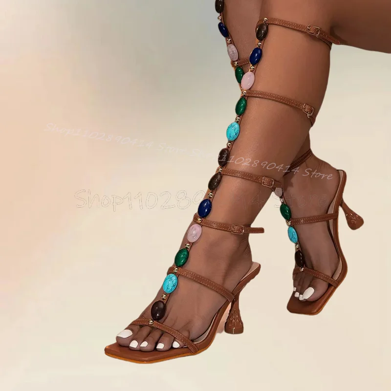 

Colorful Jewel Decor Open Toe Sandals Boots Ankle Buckle Strap Women Shoes Strange Style Heels Fashion 2024 Zapatos Para Mujere