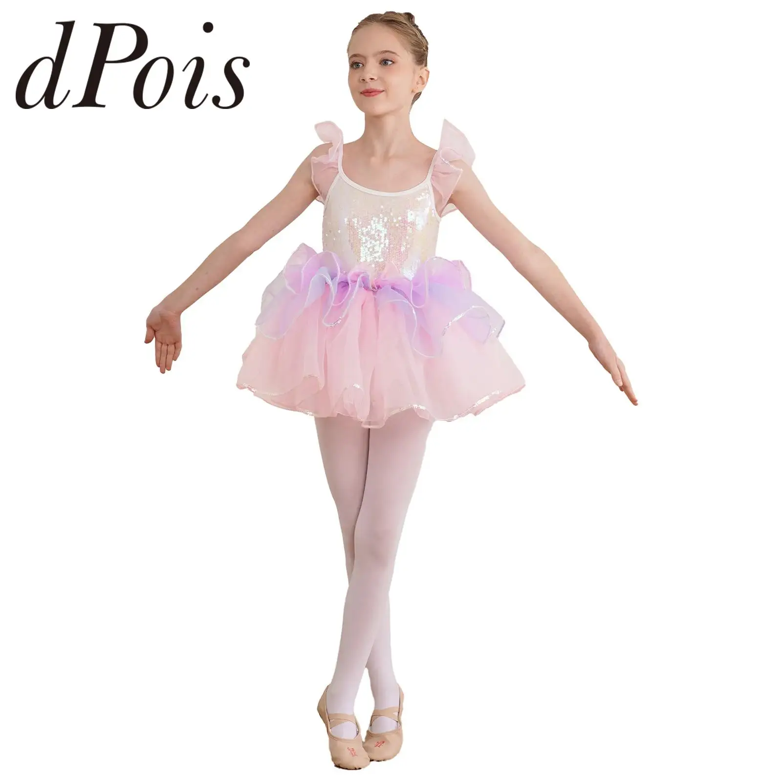 

Kids Girls Ballet Tutu Dress Ruffled Sleeve Sequins Bowknot Tiered Dresses Birthday Party Dance Performance Ballerina Costumes