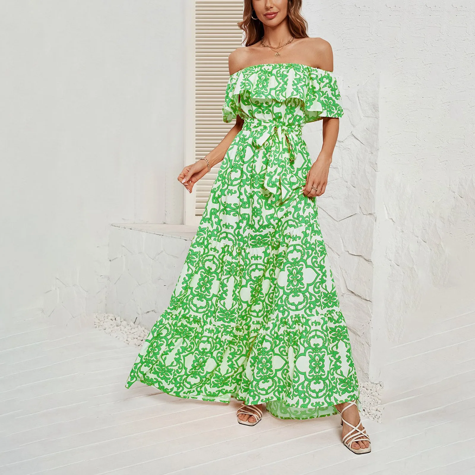 Women's Summer Fashion Slash Neck Printed Ruffle Edge Elegant Dress High Waist Off The Shoulder Casual Backless Holiday Dresses
Women's Summer Fashion Slash Neck Printed Ruffle Edge Elegant Dress High Waist Off The Shoulder Casual Backless Holiday Dresses