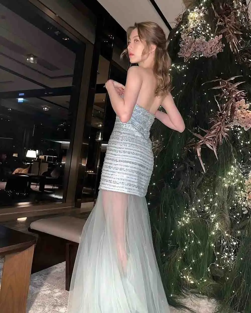 

Verngo Blush Blue Sequined Tulle Party Dress Women Strapless Mermaid Prom Gowns Elegant Floor Length Formal Occasion Dress