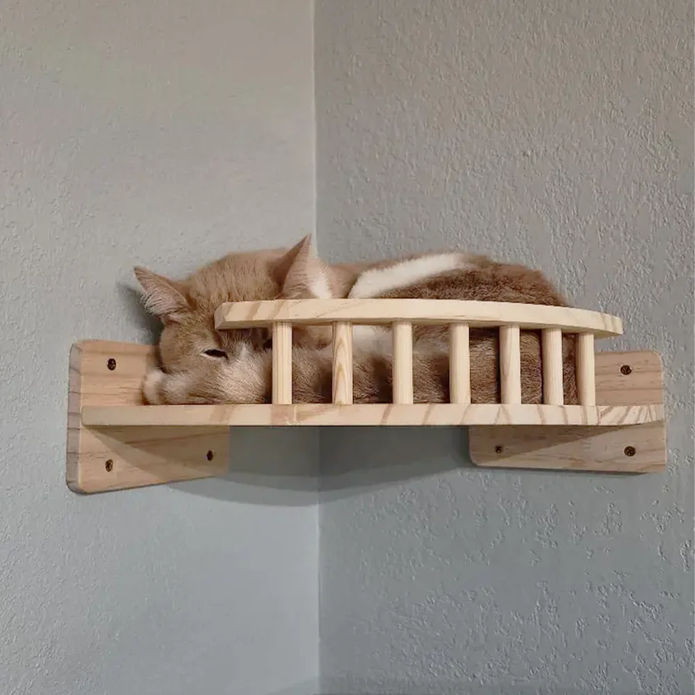 

4 Pieces Wall Mounted Cat Climbing Shelves Hammock or Platform with Wooden Cat Pedal for Kitten Playing and Perched Furniture