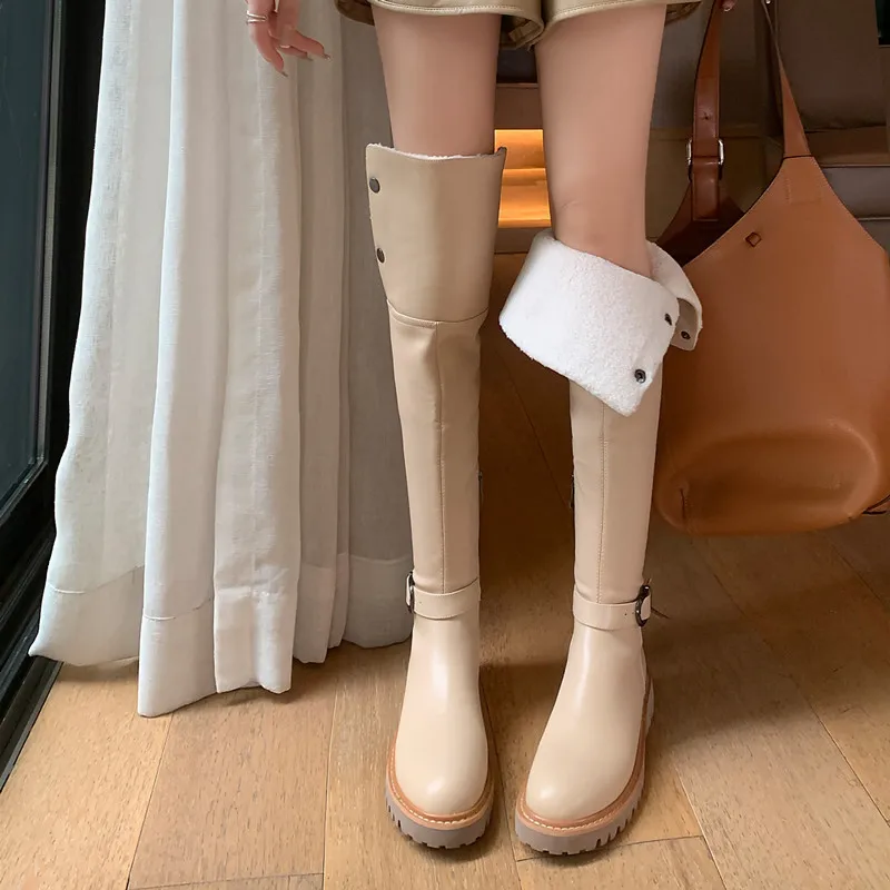 

MKKHOU Fashion Over Knee Boots Women's New High Quality True Wool Boots Minimalist Flapped Straight Barrel Warm Long Snow Boots