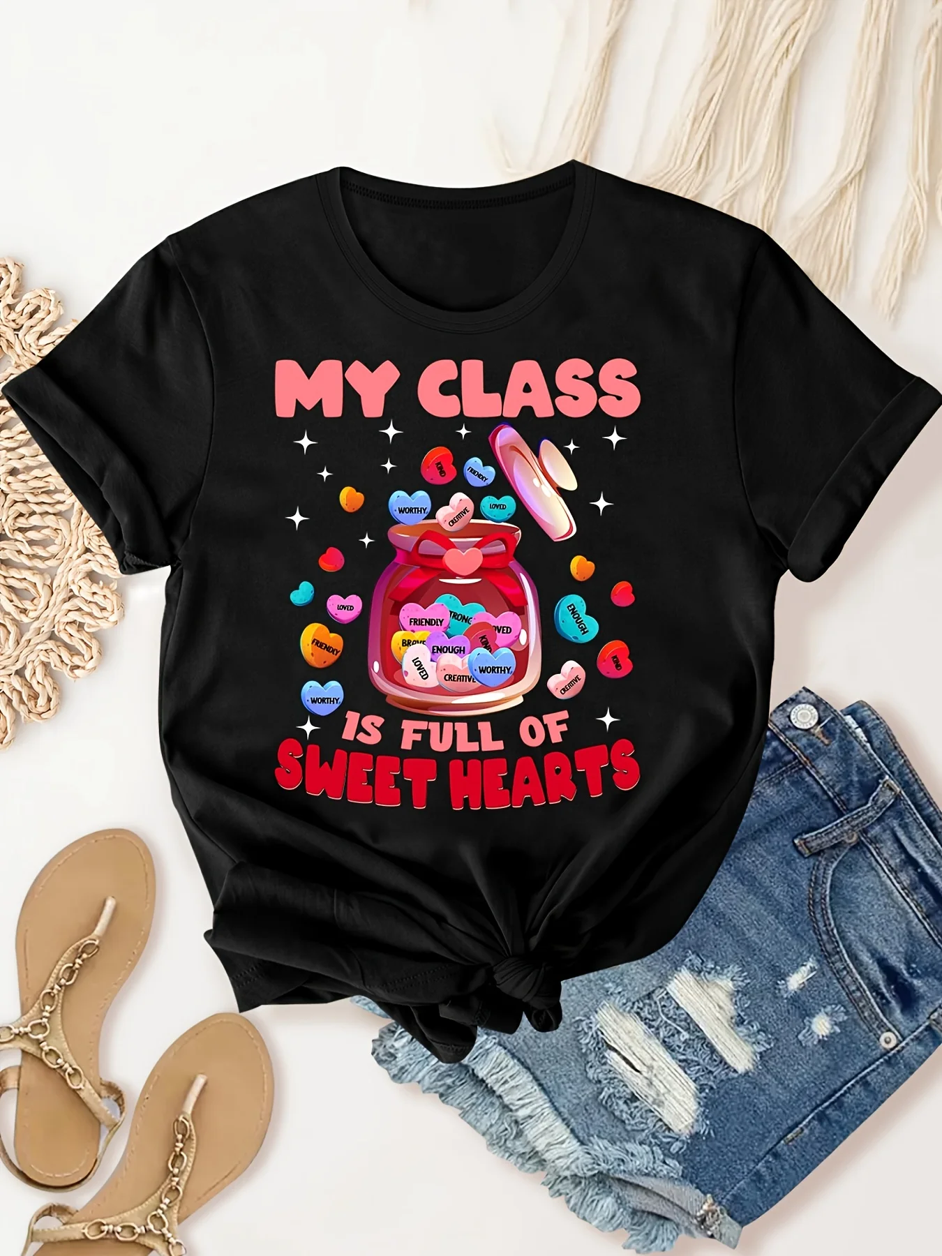 My Class Is Full Of Sweet Hearts Print Casual Sports T-shirt, Short Sleeve Round Neck Workout Tops, Women's Activewear
My Class Is Full Of Sweet Hearts Print Casual Sports T-shirt, Short Sleeve Round Neck Workout Tops, Women's Activewear