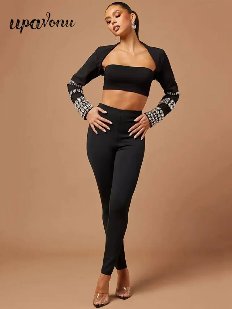 Sexy Women's Black Bandage Pencil Pants Sets Long sleeved Beaded Design Ultra Short Tank Top+High Waist Pants Two piece Set
Sexy Women's Black Bandage Pencil Pants Sets Long sleeved Beaded Design Ultra Short Tank Top+High Waist Pants Two piece Set