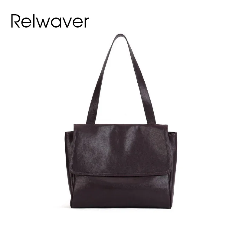 

Relwaver women shoulder bag genuine leather bag 2024 summer women handbag commuting ladies bag big capacity flap coffee tote bag