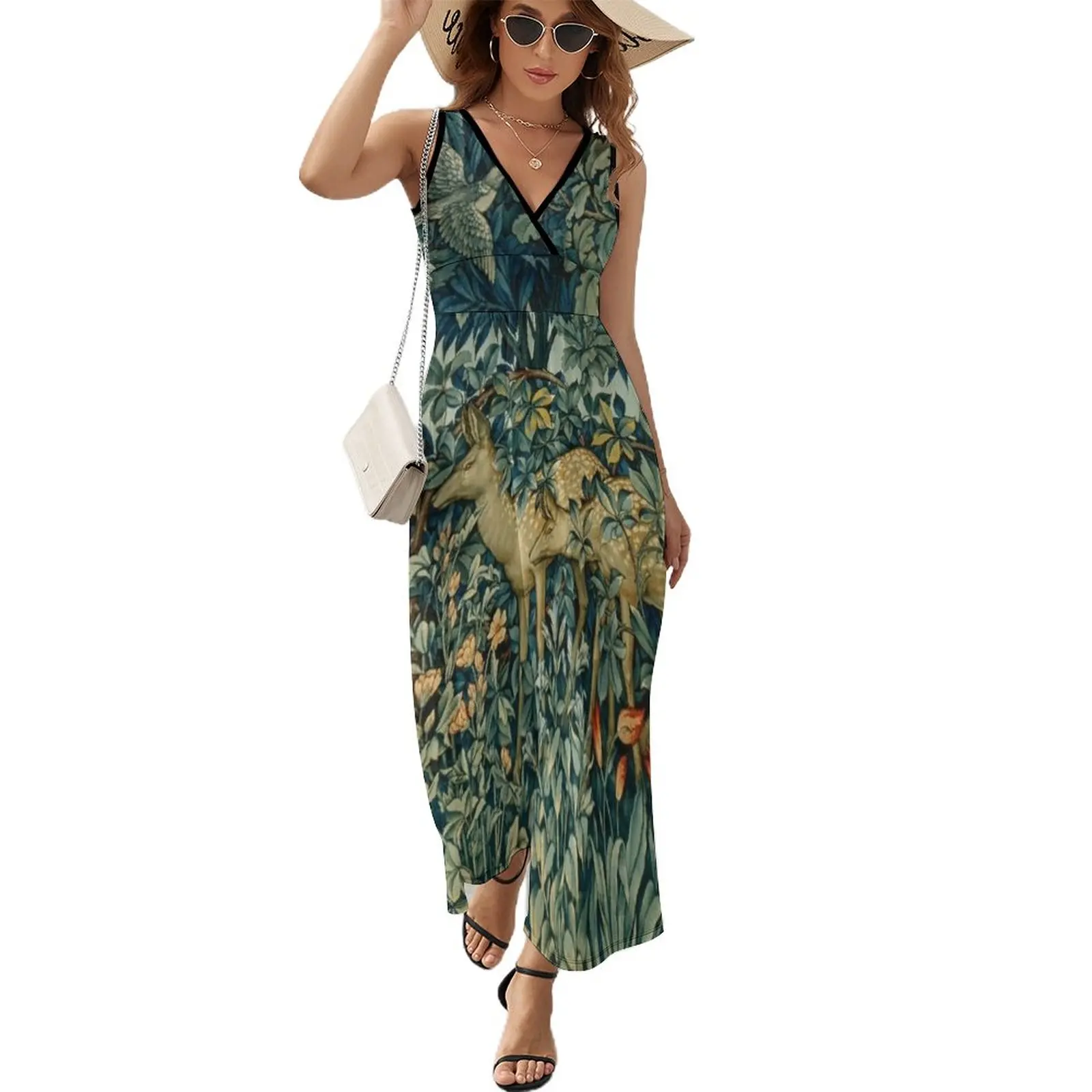 

GREENERY,TWO DOES AND BIRDS IN FOREST BlueGreen Floral Tapestry Sleeveless Dress dress summer 2023 women