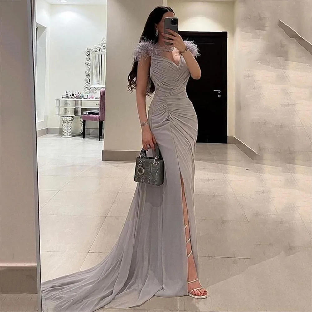 

Classic Sweetheart Pleats Feathers Straight Women Evening Dresses Draped Slit Cap Sleeve Court Train Prom Gowns فساتين طويلة