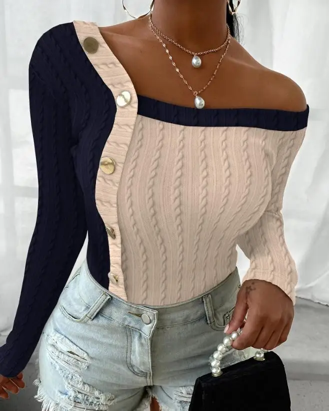 New 2023 Women's Clothing Hot Selling Casual Fashion Color Matching Patchwork Wired Texture Top In Stock
New 2023 Women's Clothing Hot Selling Casual Fashion Color Matching Patchwork Wired Texture Top In Stock
