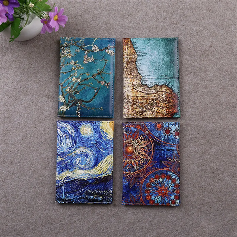 

PU Exquisite Art Style Passport Protective Cover Van Gogh Starry Sky Women Leather Passport Holder Men Travel ID Passport Wallet