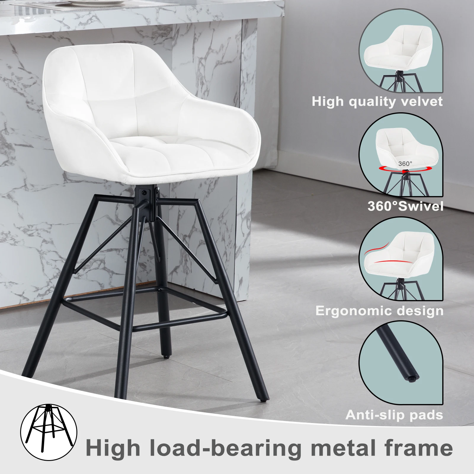 2PCSS/SET Rotatable Bar Stool Velvet High Bar Chair 360° Swivel Padded Seat with Backrest Footrest Counter Stool 4 Mallzona S5c076e6a1fc84849bbf5638379808d75A 2PCSS/SET Rotatable Bar Stool Velvet High Bar Chair 360° Swivel Padded Seat with Backrest Footrest Counter Stool Mallzona