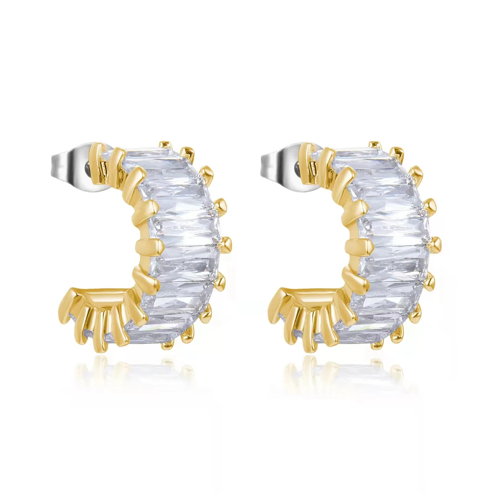 

Gold Plated Half Hoop Earrings, Open C Shaped Split Huggie Earring, Emerald Cut Cubic Zirconia Earrings for Women Girls