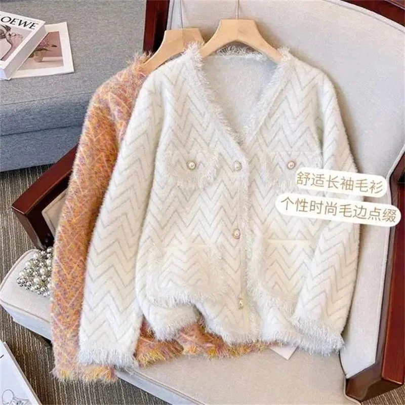 

Spring and Autumn New Outwear Imitation Mink Fleece Knitted Cardigan Women's Korean Version Small Fragrant Sweater Commuter Coat