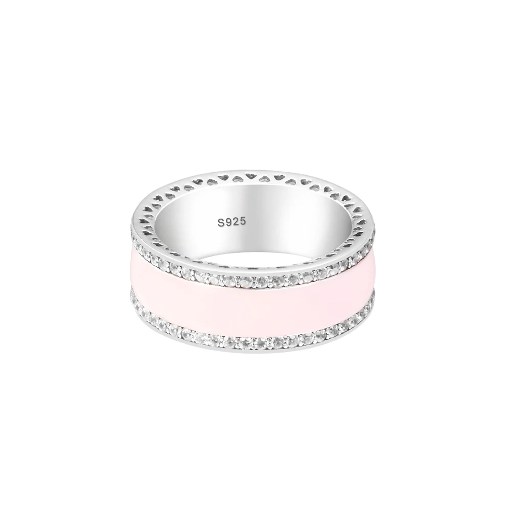 

Genuine 925 Sterling Silver Rings for Women Hearts of Signature Ring with Soft Pink Enamel & Clear CZ Party Wedding Jewelry Gift