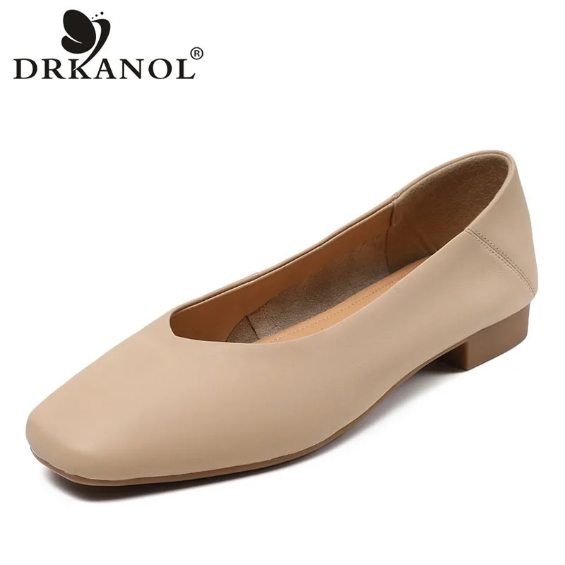 

DRKANOL Concise Genuine Leather Loafers Women Slip On Flat Shoes Spring Summer Shallow Square Toe Soft Office Lady Casual Shoes