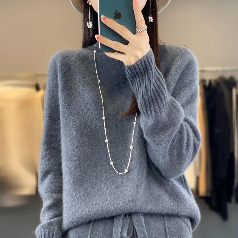 

New ladies in autumn and winter 100% merino sweater solid color seven-pin thick semi-high-necked knitted cashmere sweater top