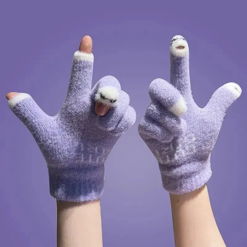 

Милые теплые перчатки для пальцев с пандой, женские зимние Пушистые вязаные перчатки без пальцев, шерстяные варежки для телефона с сенсорным экраном