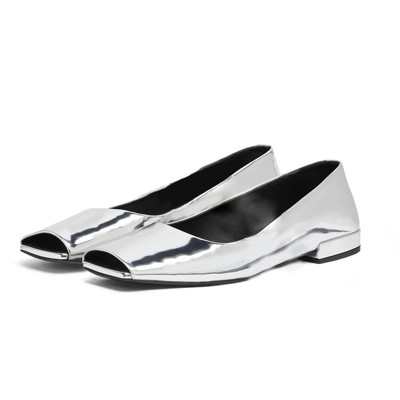 

Solid Women Silver Patent Open Square Toe Sandals Ladies Causal Slip On Pumps Office Ladies Flat Shoes