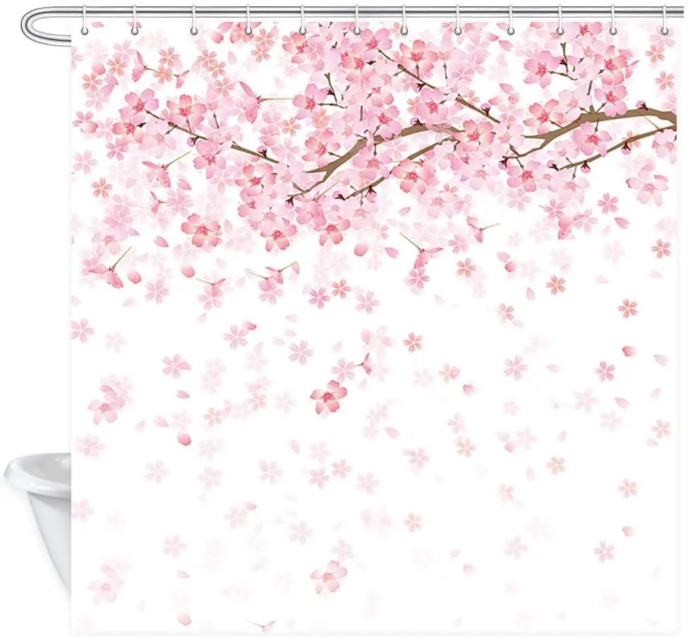 

Floral Shower Curtain Spring Cherry Flowers Blossom with Falling Petals Polyester Fabric Bathroom Bath Curtains Set with Hooks