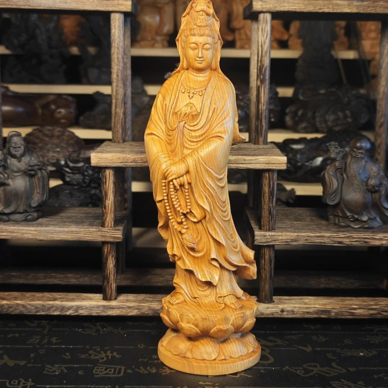 

22cm【Opened】Arborvitae Solid Wood Carving Guanyin Smile Guanyin Bodhisattva/Buddha Statue Decoration Standing Statue Home Real