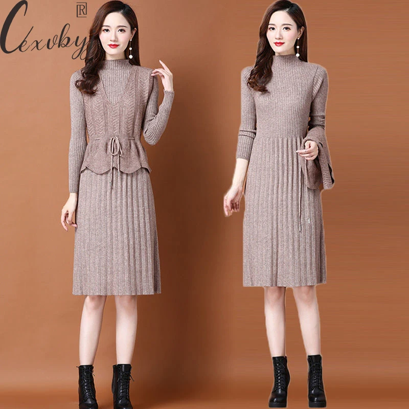 Women Vintage Knitted Dress 2 Peice Set Autumn Winter Warm Slim Waist Pullover Vest+Long Sleeve Midi Dress Suit Plus Size 3xl
Women Vintage Knitted Dress 2 Peice Set Autumn Winter Warm Slim Waist Pullover Vest+Long Sleeve Midi Dress Suit Plus Size 3xl