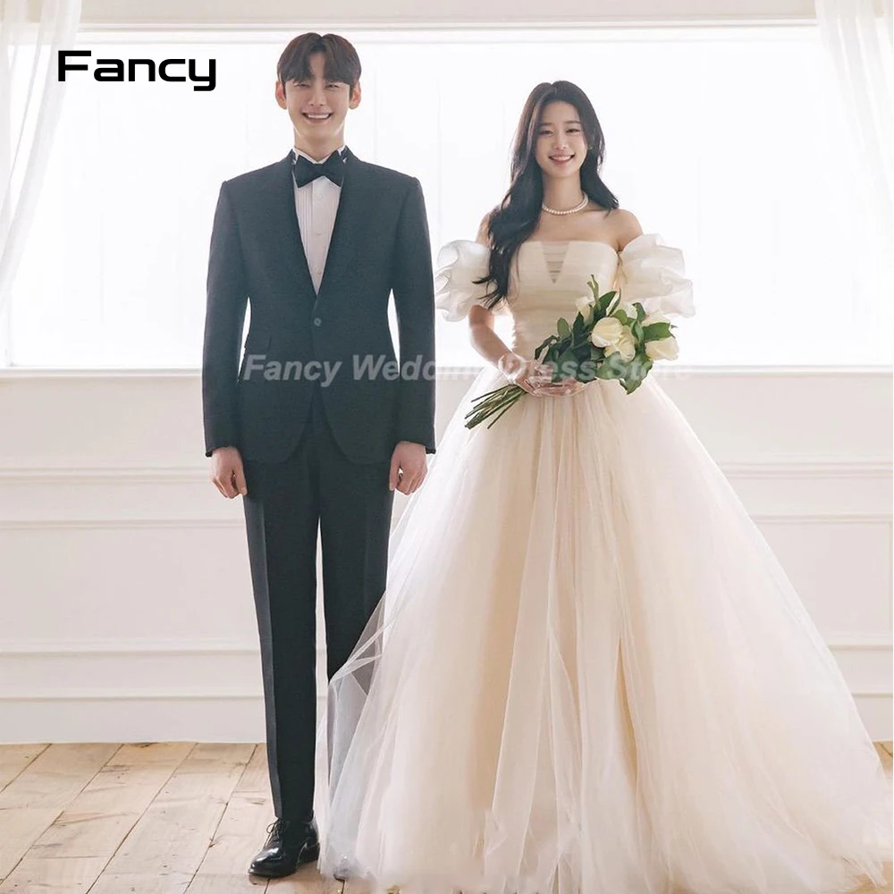 

Fancy Princess Off Shoulder Korea Wedding Dress A Line Puff Sleeve Bridal Gown Soft Tulle Floor Length Evening Party Dresses