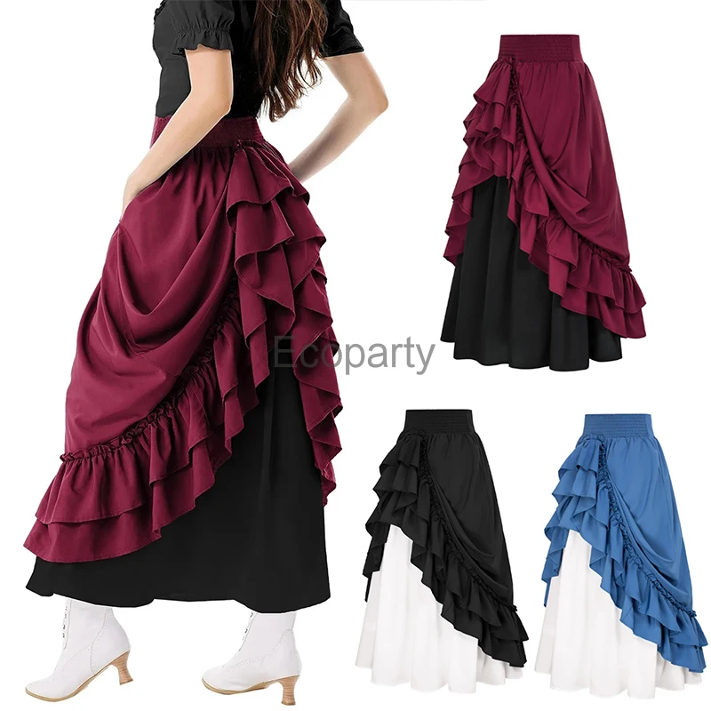 

New Retro Medieval Skirts Women Vintage Renaissance Victorian Ruffled Hem A-Line Skirts Cosplay Costumes High Waist Maxi Skirt